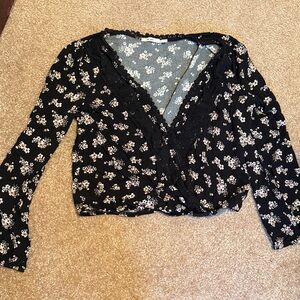 Floral Lace-Trim Black Wrap Top - Women's